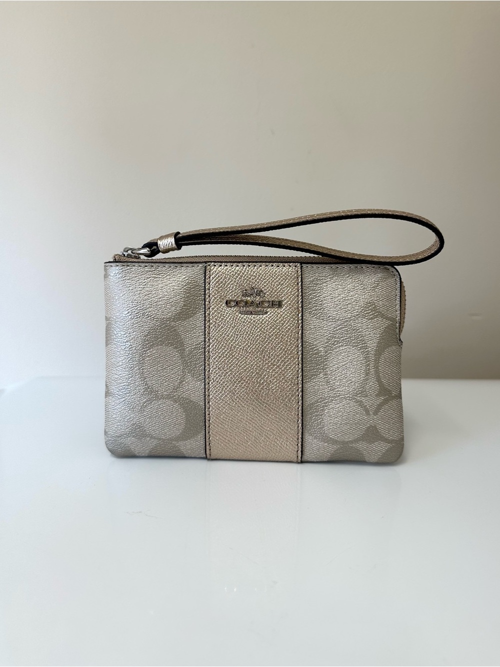 Coach Corner Zip Metallic Silver and Gold Signature Wristlet